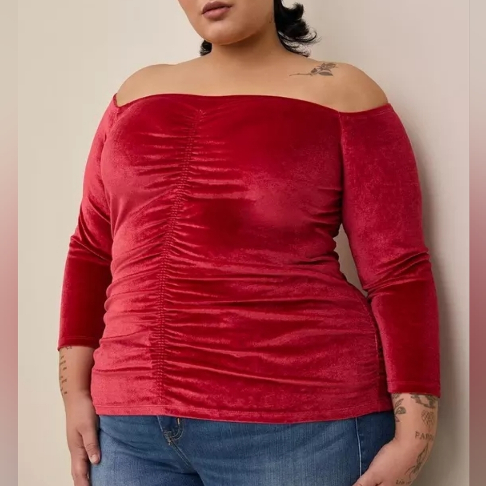 Torrid Stretch Velvet Shirred Front Off The Shoulder Top